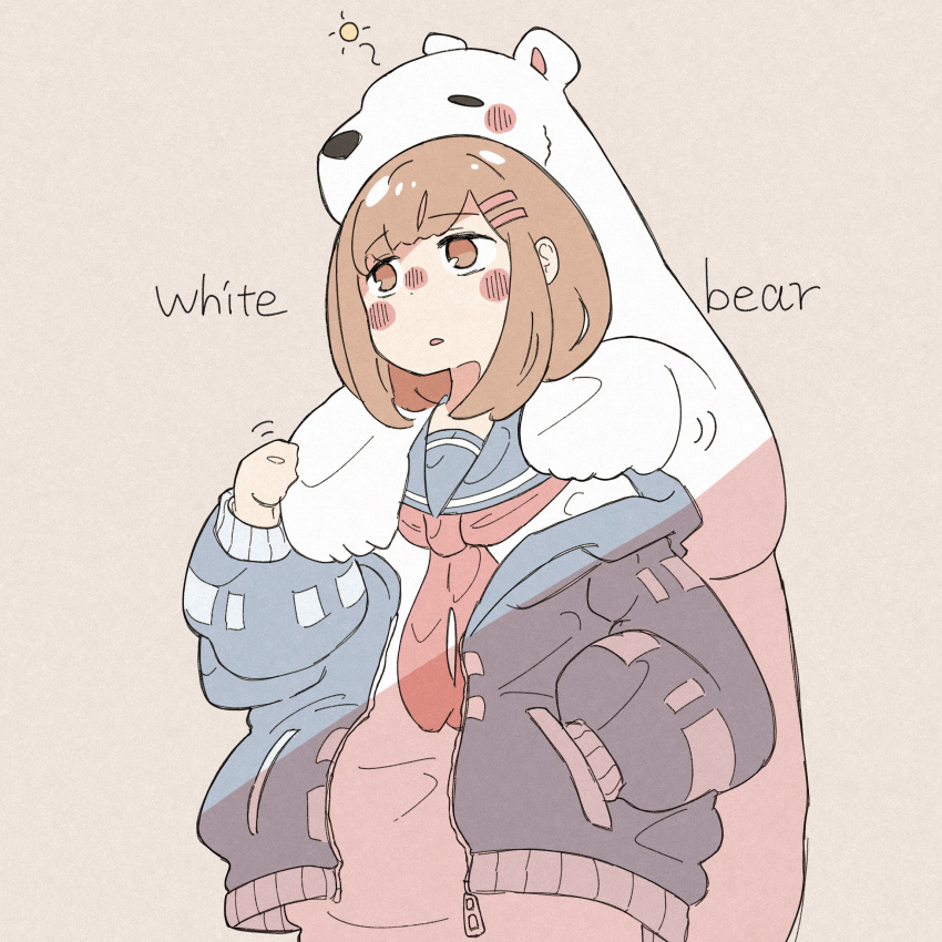 1girl animal bear blue_jacket blush brown_background brown_eyes brown_hair english_text hand_in_pocket haru57928031 highres jacket medium_hair neckerchief original polar_bear red_neckwear shirt simple_background solo upper_body white_shirt