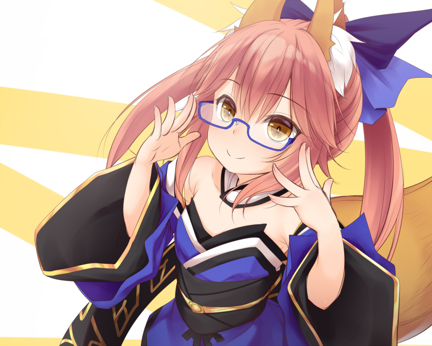 1girl animal_ear_fluff animal_ears bespectacled blue-framed_eyewear blue_bow blue_kimono bow detached_sleeves fate/extra fate/grand_order fate_(series) fox_ears fox_girl fox_tail glasses hair_bow haryuu_(poetto) highres japanese_clothes kimono pink_hair semi-rimless_eyewear smile solo tail tamamo_(fate)_(all) tamamo_no_mae_(fate) twintails under-rim_eyewear wide_sleeves yellow_eyes