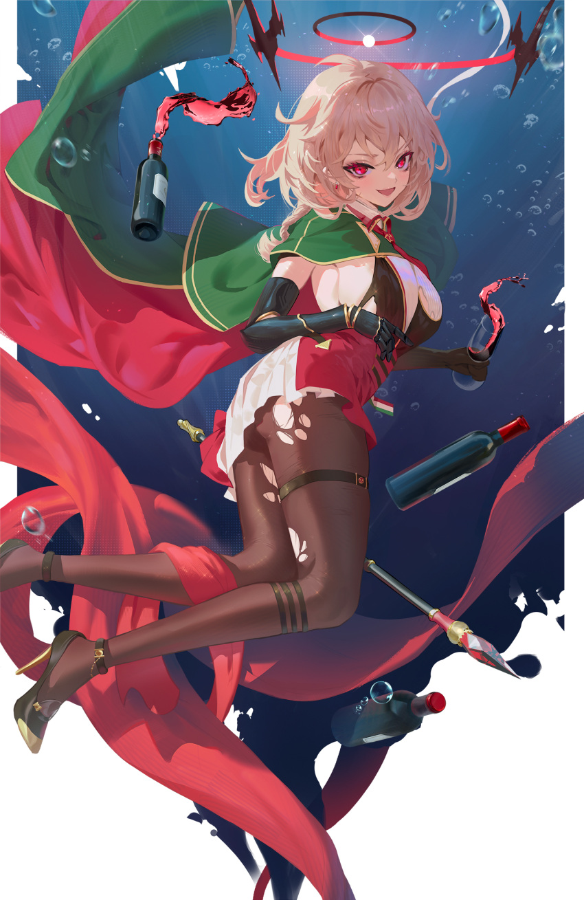 1girl :d alcohol azur_lane bangs black_footwear black_gloves blush bottle breasts brown_legwear cape cirilla commentary cup drinking_glass duca_degli_abruzzi_(azur_lane) elbow_gloves from_side gloves green_cape hair_between_eyes halo high-waist_skirt highres long_hair looking_at_viewer looking_to_the_side mechanical_arms medium_breasts necktie open_mouth pantyhose pink_hair red_eyes red_neckwear red_skirt skirt smile solo torn_clothes torn_legwear underwater wine wine_bottle wine_glass