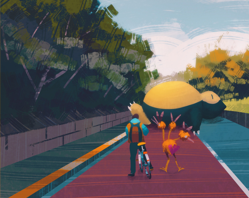 1boy backpack bag bicycle blue_sky bush cloud cloudy_sky commentary dodrio english_commentary gen_1_pokemon grass ground_vehicle highres jacket outdoors plant pokemon pokemon_(creature) road scenery sidewalk simone_mandl sky sleeping snorlax standing tree
