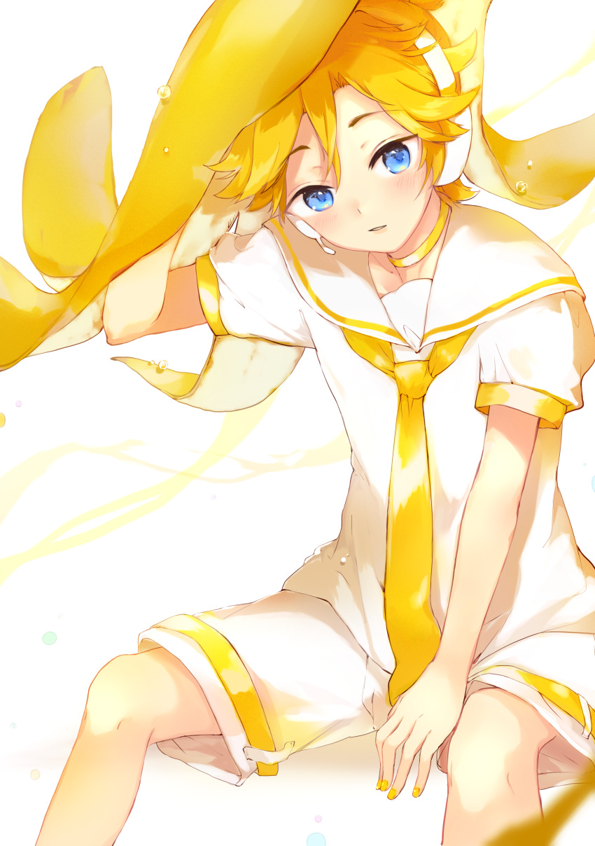 1boy absurdres banana banana_peel between_legs blonde_hair blue_eyes collar collared_shirt commentary expressionless food fruit hand_between_legs headphones highres holding holding_food holding_fruit kagamine_len looking_at_viewer male_focus nail_polish necktie oversized_food oyamada_gamata parted_lips sailor_collar shirt short_sleeves shorts sitting solo spiky_hair symbol_commentary vocaloid water_drop white_background white_collar white_shirt white_shorts yellow_nails yellow_neckwear