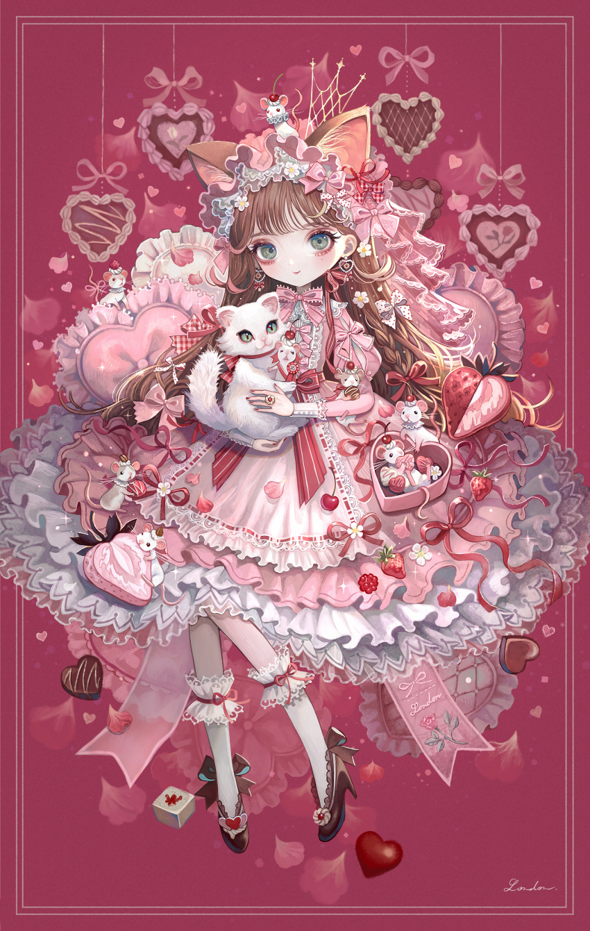 1girl animal animal_ears black_footwear bow braid cat dress frilled_dress frilled_pillow frills grey_eyes hair_bow hair_ribbon heart high_heels highres holding holding_animal jewelry juliet_sleeves lalala222 lolita_fashion long_sleeves mouse original petals pillow pink_bow pink_dress puffy_sleeves red_background red_nails red_ribbon red_theme ribbon ring shoes signature socks solo sparkle white_legwear