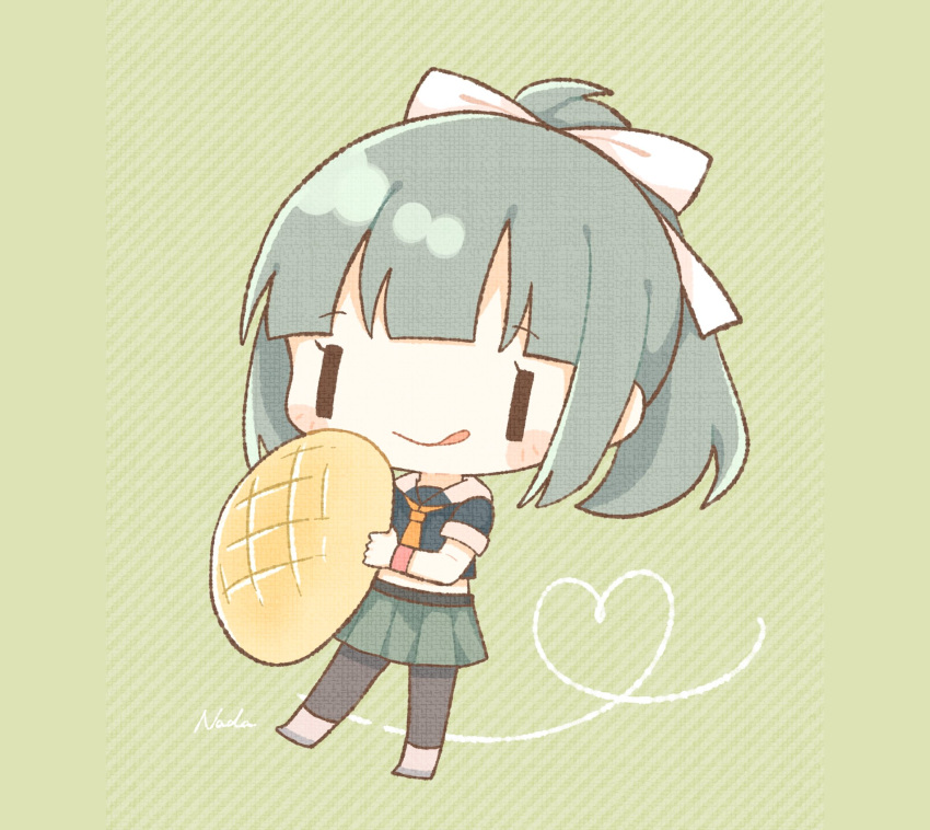 1girl :q bangs black_legwear blush bread chibi eyebrows_visible_through_hair food green_background green_skirt grey_hair hair_ribbon heart highres holding kantai_collection melon_bread nada_namie neckerchief orange_neckwear ponytail ribbon short_sleeves signature simple_background skirt solo tongue tongue_out yuubari_(kancolle)