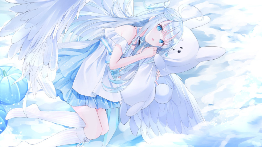 1girl ahoge amatsuka_uto angel_wings bangs bare_shoulders blue_eyes blue_hair clouds dress feathered_wings feathers full_body hair_ornament hairclip halterneck highres indie_virtual_youtuber kneehighs layered_dress long_hair long_sleeves looking_at_viewer lying nabi_(uz02) off-shoulder_dress off_shoulder official_art open_mouth pumpkin ribbon solo stuffed_animal stuffed_toy virtual_youtuber white_dress wings