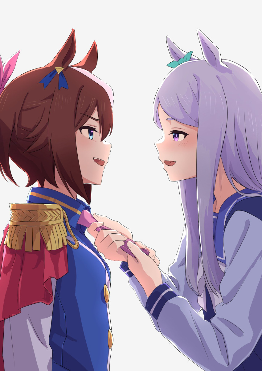 2girls animal_ears ascot bangs blue_eyes blue_jacket bow breasts brown_hair buttons commentary_request epaulettes eye_contact eyebrows_visible_through_hair flush hair_flaps high_ponytail highres holding_tie horse_ears horse_girl jacket light_purple_hair long_hair long_sleeves looking_at_another mejiro_mcqueen_(umamusume) multicolored_hair multiple_girls open_mouth pink_neckwear ponytail ribbon school_uniform simple_background single_epaulette smile smug streaked_hair sv_illst tokai_teio_(umamusume) tracen_school_uniform two-tone_hair two-tone_jacket umamusume violet_eyes white_background white_hair white_jacket