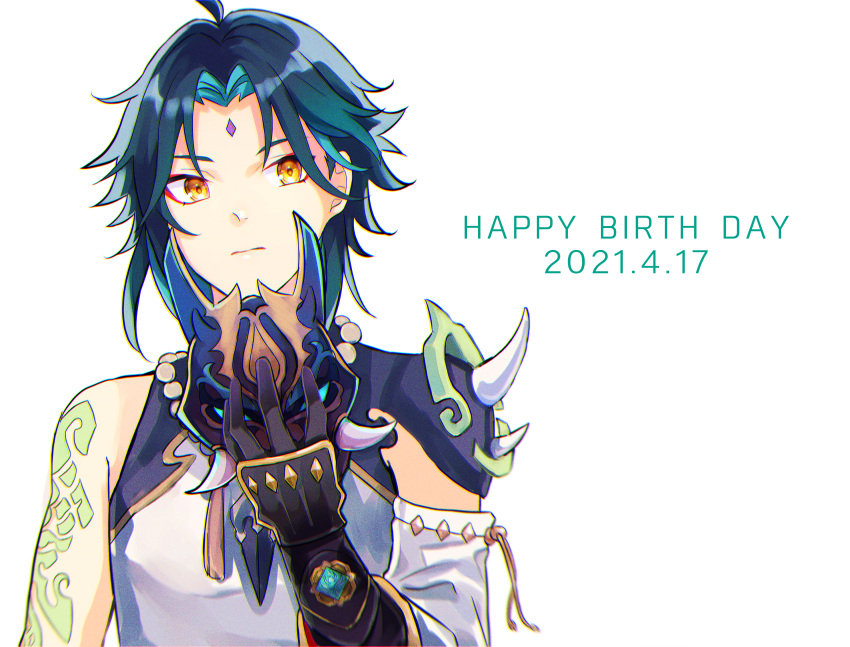 1boy absurdres ahoge arm_guards arm_tattoo armor asymmetrical_clothes bangs bead_necklace beads black_gloves black_hair closed_mouth dated detached_sleeves diamond_(shape) english_text eyeshadow facial_mark fangs forehead_mark genshin_impact gloves green_hair hana_busa_hitsuji happy_birthday highres holding holding_mask huge_filesize jewelry makeup male_focus mask multicolored_hair necklace parted_bangs pendant red_eyeshadow short_hair_with_long_locks shoulder_armor shoulder_pads shoulder_spikes simple_background single_bare_shoulder single_detached_sleeve slit_pupils solo spikes tassel tattoo two-tone_hair vision_(genshin_impact) white_background xiao_(genshin_impact) yellow_eyes