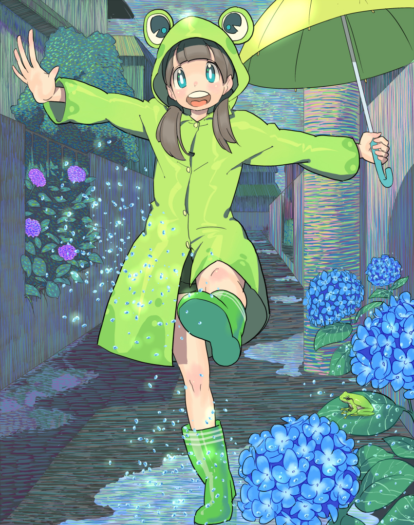 1girl blue_flower boots bright_pupils brown_hair building flower frog full_body green_footwear green_jacket green_umbrella highres holding holding_umbrella hood hood_up hooded_jacket hydrangea jacket leaf long_hair nobile1031 original outstretched_arms puddle purple_flower solo twintails umbrella walking water white_pupils