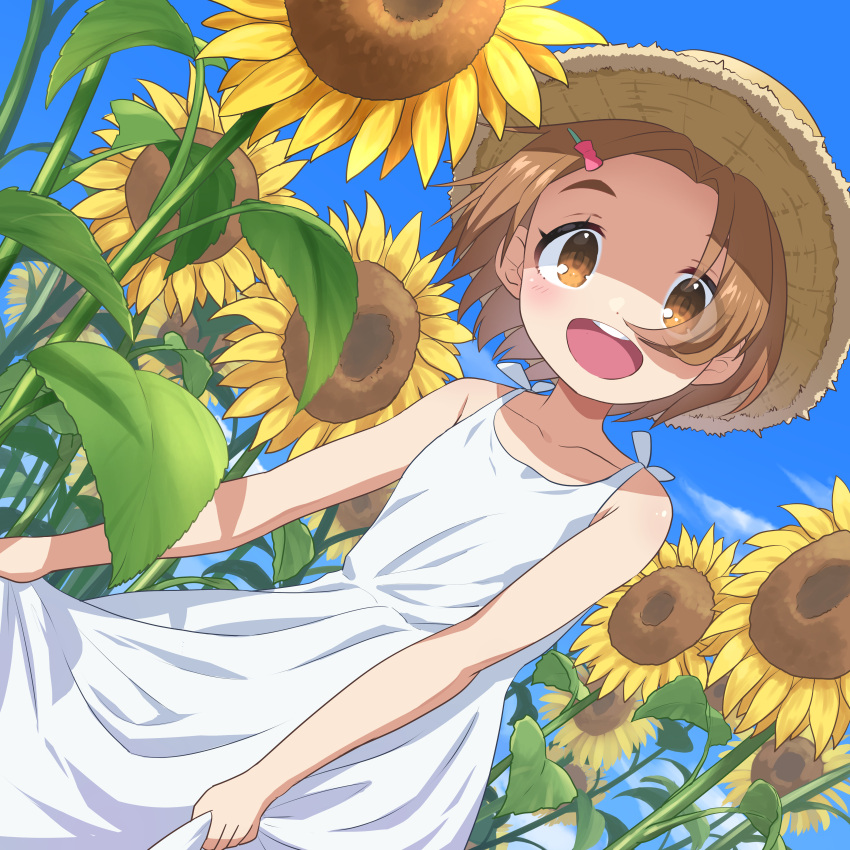 1girl :d absurdres bangs bare_arms bare_shoulders blue_sky bow brown_eyes brown_hair brown_headwear clouds collarbone commentary_request day dress dutch_angle flower hair_bow hair_ornament hairclip hat highres idolmaster idolmaster_cinderella_girls looking_at_viewer open_mouth outdoors parted_bangs red_bow round_teeth ryuuzaki_kaoru short_hair sky sleeveless sleeveless_dress smile solo straw_hat sunflower teeth thick_eyebrows upper_teeth white_dress yama_tatsuo yellow_flower