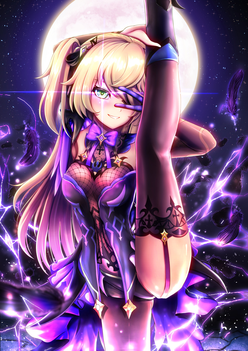 1girl absurdres black_legwear blonde_hair blush bow breasts commentary_request dead_angels electricity eyepatch fischl_(genshin_impact) full_moon genshin_impact green_eyes grin hair_ornament highres long_hair looking_at_viewer medium_breasts moon pose purple_bow purple_corset purple_garter_straps smile solo split standing standing_on_one_leg standing_split thigh-highs v