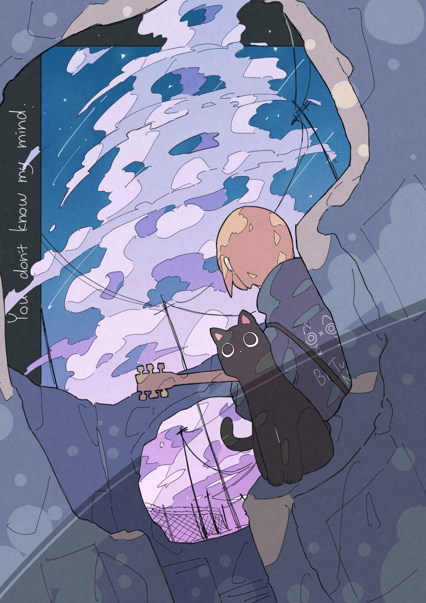 1girl absurdres black_cat blue_sky brown_hair cat clouds cloudy_sky english_text fence from_behind gradient_sky guitar haru57928031 highres instrument original power_lines short_hair sitting sky solo upper_body