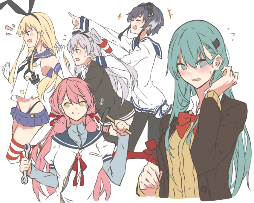 5girls :q akashi_(kancolle) amatsukaze_(kancolle) anchor_hair_ornament aqua_hair bangs black_hair black_legwear black_neckwear black_panties blazer blonde_hair blue_sailor_collar blue_skirt bow bowtie breasts closed_eyes dress elbow_gloves flying_sweatdrops garter_straps gloves grey_hair hair_between_eyes hair_ornament hair_ribbon hair_tubes hairclip highleg highleg_panties highres holding jacket kantai_collection knt02142769 long_hair long_sleeves miniskirt multicolored_hair multiple_girls musical_note open_mouth panties pantyhose pink_hair pleated_skirt red_legwear red_neckwear ribbon rudder_footwear sailor_collar sailor_dress school_uniform serafuku shimakaze_(kancolle) shirt short_hair_with_long_locks sidelocks silver_hair simple_background skirt sleeveless smile striped striped_legwear suzuya_(kancolle) sweat thigh-highs tied_shirt tokitsukaze_(kancolle) tongue tongue_out tress_ribbon two_side_up underwear white_background white_gloves wrench