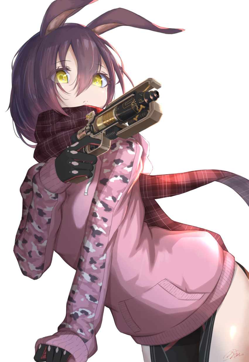 1girl absurdres android animal_ears apex_legends brown_hair camouflage closed_mouth gun handgun highres holding holding_gun holding_weapon hololive hood hoodie leaning_forward long_sleeves looking_at_viewer looking_down mechanical_arms mechanical_legs mine_tsukasa no_pants pink_hoodie pistol plaid plaid_scarf rabbit_ears red_scarf reverse_outfit roboco-san scarf scowl short_hair simple_background solo virtual_youtuber weapon white_background yellow_eyes