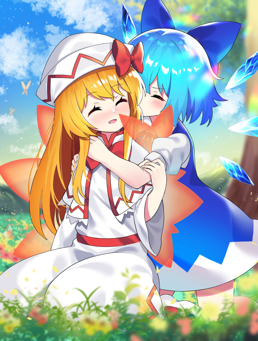 2girls :d ^_^ absurdres bangs blue_bow blue_dress blue_sky blurry blurry_background blurry_foreground blush bow bug butterfly capelet cirno closed_eyes clouds dress eyebrows_visible_through_hair fairy_wings flower gradient_sky grass hair_bow hat hat_bow highres hug ice ice_wings insect lily_white long_hair long_sleeves multiple_girls open_mouth orange_hair outdoors puffy_short_sleeves puffy_sleeves rainbow red_bow seiza short_sleeves sitting sky smile touhou tree white_capelet white_dress white_headwear wide_sleeves wings yuujin_(yuzinn333)