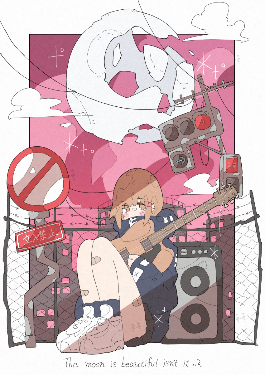 1girl absurdres bandaid bandaid_on_leg bangs black_legwear blush brown_eyes brown_hair clouds cloudy_sky covered_mouth english_text fence guitar haru57928031 highres holding holding_instrument instrument knees_up long_sleeves looking_at_viewer original red_sky shoes short_hair sign sky socks solo traffic_light white_footwear wide_shot