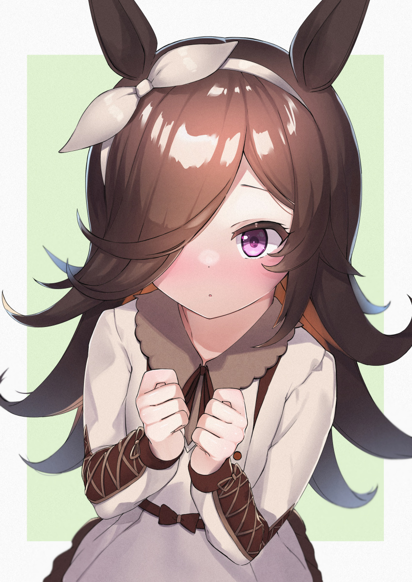 1girl :o absurdres animal_ears bangs black_ribbon blush brown_hair collared_shirt commentary_request deko_isu dress green_background grey_background grey_dress grey_hairband grey_ribbon hair_over_one_eye hair_ribbon hairband hands_up highres horse_ears long_hair long_sleeves looking_at_viewer neck_ribbon nose_blush parted_lips puffy_long_sleeves puffy_sleeves ribbon rice_shower_(umamusume) shirt solo two-tone_background umamusume upper_body very_long_hair violet_eyes