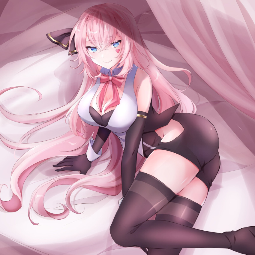 1girl :&gt; arm_support bed black_bow black_gloves black_legwear black_leotard blue_eyes bow breasts commentary elbow_gloves facial_tattoo feet_out_of_frame gloves hair_bow heart highres kkr_rkgk large_breasts leotard long_hair looking_at_viewer lying megurine_luka on_side pink_hair project_diva_(series) shirt smile solo tattoo temptation_(module) thick_thighs thigh-highs thighs tsurime very_long_hair vocaloid white_shirt