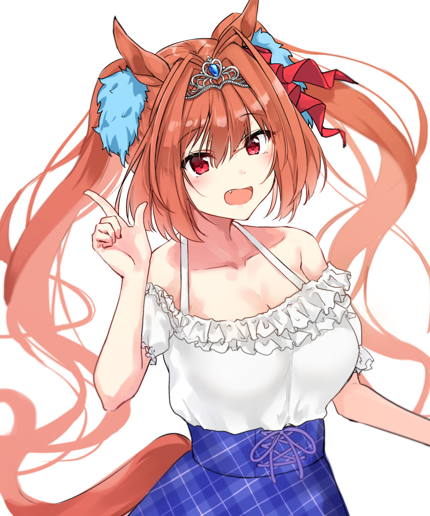 1girl animal_ears arm_up breasts brown_hair collarbone daiwa_scarlet_(umamusume) ear_covers fang hair_intakes highres horse_ears horse_girl horse_tail index_finger_raised large_breasts long_hair minikon open_mouth red_eyes shirt_tucked_in simple_background tail tiara twintails umamusume underbust very_long_hair white_background