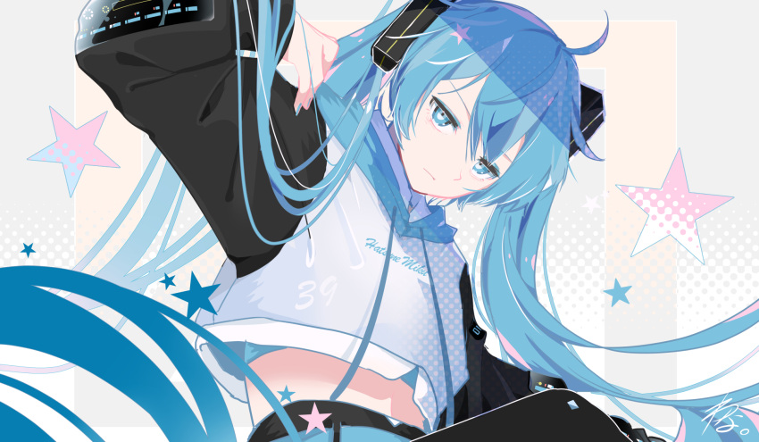 1girl 39 ahoge aqua_eyes aqua_hair aqua_nails black_sleeves character_name commentary expressionless half-closed_eyes halftone halftone_background hatsune_miku highres hood hoodie leaning_to_the_side long_hair looking_at_viewer midriff_peek nail_polish solo star_(symbol) twintails upper_body very_long_hair vocaloid wanaxtuco white_hoodie