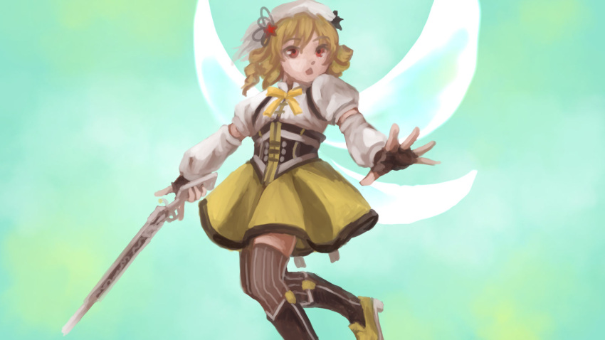 1girl beret black_legwear blonde_hair boots brown_legwear corset crossover detached_sleeves drill_hair fairy fairy_wings fingerless_gloves gloves gun hair_ornament hairpin hat highres kawahagi_modoki luna_child magical_girl magical_musket mahou_shoujo_madoka_magica pantyhose pleated_skirt puffy_sleeves school_uniform short_twintails skirt striped striped_legwear thigh-highs tomoe_mami touhou twin_drills twintails vertical-striped_legwear vertical_stripes weapon wings witch_(madoka_magica) yellow_eyes