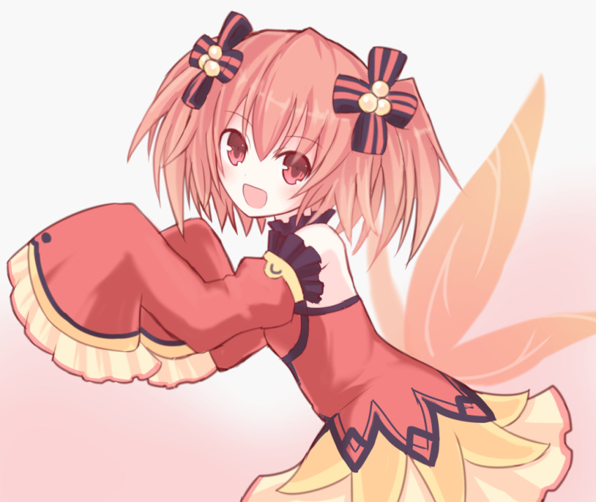 1girl :d alyn_(fairy_fencer_f) bangs bare_shoulders detached_sleeves dress eyebrows_visible_through_hair fairy_fencer_f fairy_wings from_side gradient gradient_background hair_ornament juliet_sleeves long_sleeves looking_at_viewer low_wings medium_hair open_mouth orange_hair orange_wings pink_eyes puffy_sleeves sleeves_past_fingers sleeves_past_wrists smile solo suta_(clusta) twintails wings