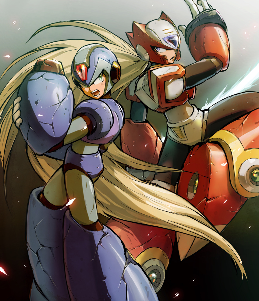 2boys absurdres android arm_cannon armor blonde_hair blue_eyes blue_headwear commentary_request dirty dirty_face english_commentary floating_hair gloves gradient gradient_background green_eyes hand_on_own_arm helmet highres hoshi_mikan leg_up long_hair looking_at_viewer male_focus mega_man_(series) mega_man_x_(character) mega_man_x_(series) mixed-language_commentary multiple_boys open_mouth ponytail red_headwear serious standing standing_on_one_leg teeth very_long_hair weapon white_gloves zero_(mega_man)