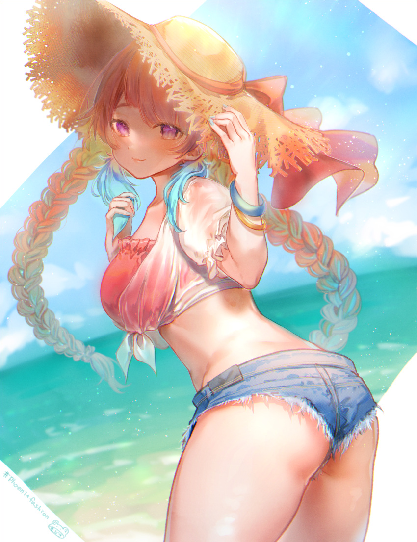 1girl absurdres ass back bangs bikini blonde_hair blue_hair blue_sky bracelet braid breasts closed_mouth clouds commentary_request day denim denim_shorts drinking_straw dutch_angle frilled_bikini frills hat hat_ribbon highres hololive hololive_english horizon jewelry long_hair medium_breasts modoki_kuma multicolored_hair nail_polish ocean outdoors red_bikini ribbon see-through shirt short_shorts short_sleeves shorts signature sky smile solo sun_hat swimsuit takanashi_kiara thighs tied_shirt twin_braids two-tone_hair violet_eyes white_shirt