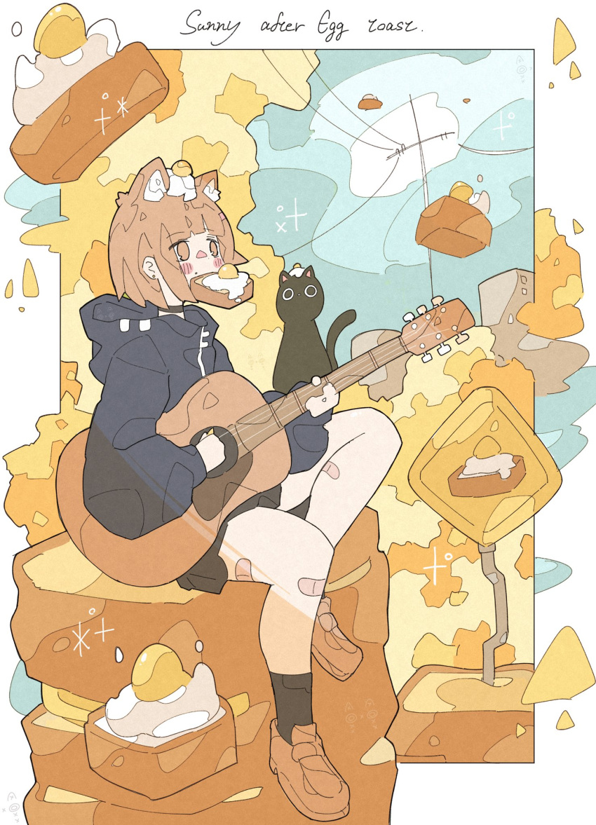 1girl animal_ears black_cat black_hoodie black_legwear black_skirt brown_eyes brown_footwear brown_hair cat cat_ears english_text food food_in_mouth food_on_head fried_egg fried_egg_on_toast guitar haru57928031 highres holding holding_instrument hood hood_down hoodie instrument mouth_hold object_on_head original power_lines shoes short_hair sign sitting skirt socks solo wide_shot