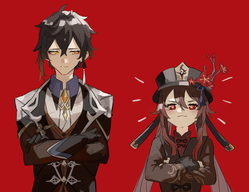 1boy 1girl absurdres black_hair chinese_clothes flower flower-shaped_pupils genshin_impact gradient_hair hair_between_eyes hat hat_flower highres hu_tao jewelry kurattes long_hair long_sleeves multicolored_hair plum_blossoms red_eyes single_earring smile twintails yellow_eyes zhongli_(genshin_impact)