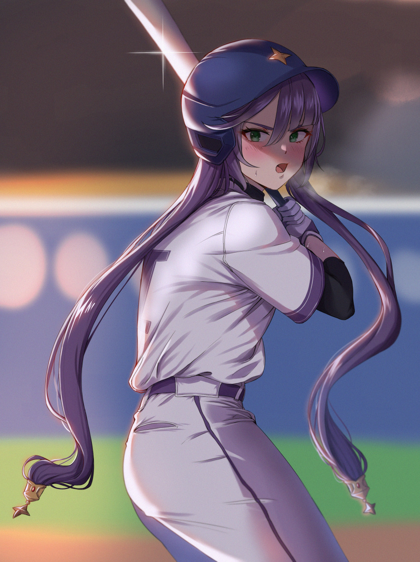 1girl absurdres alternate_costume asymmetrical_bangs bangs baseball baseball_bat baseball_helmet baseball_uniform blush from_side genshin_impact gloves green_eyes hair_between_eyes helmet highres holding holding_baseball_bat huge_filesize long_hair long_sleeves looking_at_viewer mona_megistus nose_blush purple_hair ryudraw short_over_long_sleeves short_sleeves solo sparkle sportswear stadium sweat twintails very_long_hair white_gloves