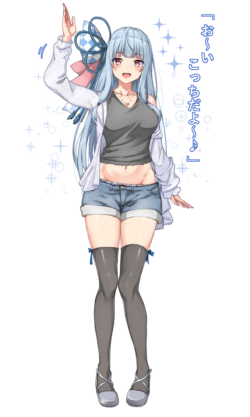 1girl :d absurdres amagi_(amagi626) arm_up bangs bare_shoulders black_shirt blue_hair blue_panties blue_ribbon blue_shorts blush bow bow_panties breasts collarbone commentary_request crop_top eyebrows_visible_through_hair full_body grey_footwear grey_legwear groin hair_ribbon heart heart_necklace highres jacket kotonoha_aoi lace-trimmed_panties lace_trim long_hair long_sleeves looking_at_viewer medium_breasts navel open_clothes open_jacket open_mouth panties red_eyes ribbon shirt shoes short_shorts shorts simple_background sleeveless sleeveless_shirt smile solo sparkle standing thigh-highs translation_request underwear very_long_hair voiceroid white_background white_jacket