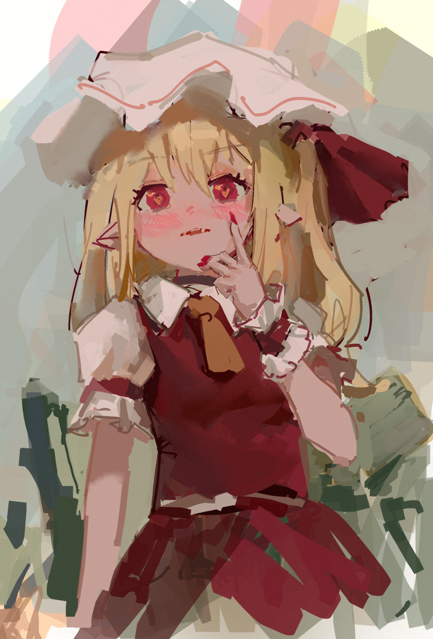 1girl absurdres ascot blonde_hair blush bow fang flandre_scarlet frilled_shirt frilled_shirt_collar frilled_skirt frilled_sleeves frills hat hat_ribbon heart heart-shaped_pupils highres medium_hair mob_cap no_wings one_side_up puffy_short_sleeves puffy_sleeves red_bow red_eyes red_ribbon red_skirt red_vest reddizen ribbon shirt short_sleeves side_ponytail skirt skirt_set symbol-shaped_pupils touhou vest white_shirt wrist_cuffs yellow_neckwear