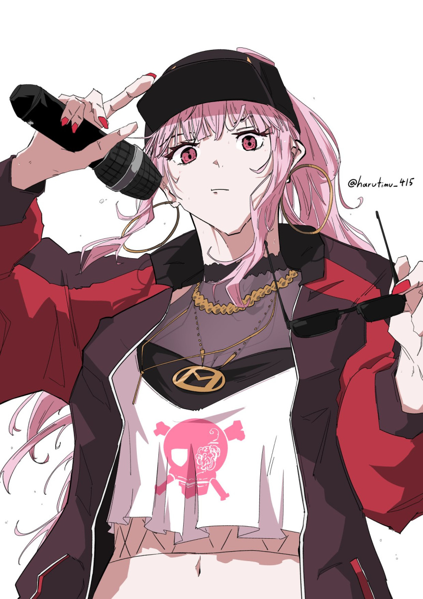 1girl baseball_cap black_headwear black_jacket breasts camisole closed_mouth commentary crop_top crop_top_overhang earrings english_commentary expressionless eyewear_removed fishnets harutimu hat highres holding holding_eyewear holding_microphone hololive hololive_english hoop_earrings jacket jewelry long_hair looking_at_viewer medium_breasts microphone mori_calliope nail_polish navel necklace official_alternate_costume open_clothes open_jacket pink_eyes pink_hair ponytail red_jacket red_nails simple_background skull_and_crossbones skull_print solo sunglasses sweat twitter_username two-tone_jacket upper_body virtual_youtuber white_background white_camisole