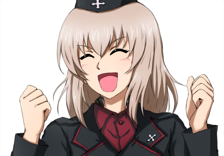 1girl :d bangs black_headwear black_jacket blue_eyes clenched_hands closed_eyes dress_shirt eyebrows_visible_through_hair facing_viewer garrison_cap girls_und_panzer happy hat highres insignia itsumi_erika jacket kuromorimine_military_uniform long_sleeves medium_hair military military_hat military_uniform omachi_(slabco) open_mouth parted_lips portrait red_shirt shirt silver_hair smile solo throat_microphone uniform wing_collar