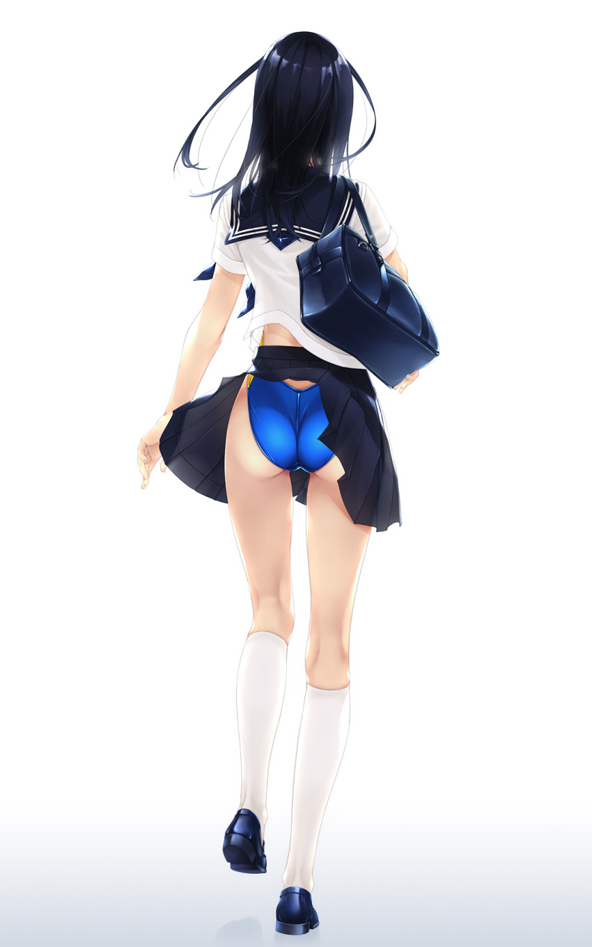 1girl artist_name ass bag black_footwear black_sailor_collar blue_swimsuit commentary_request competition_swimsuit from_behind full_body highres kneehighs loafers long_hair murakami_suigun one-piece_swimsuit original pleated_skirt sailor_collar school_bag shoes short_hair skirt skirt_lift solo swimsuit swimsuit_under_clothes walking white_background white_legwear wind wind_lift