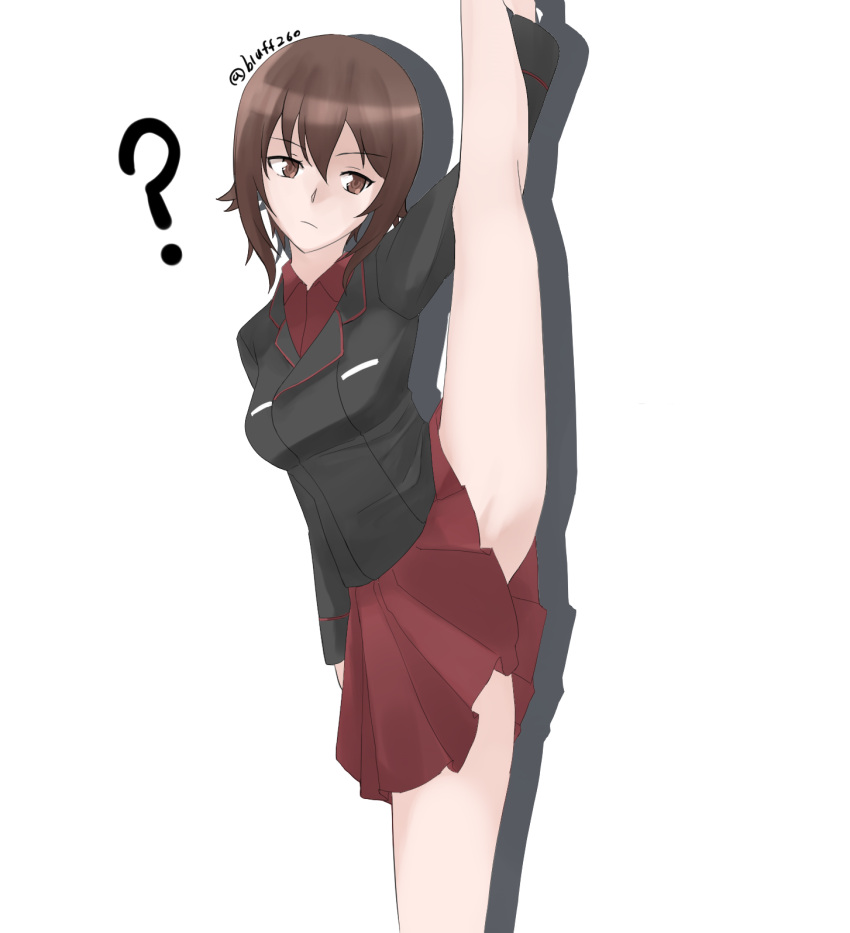 1girl ? bangs black_jacket bluff260 brown_eyes brown_hair closed_mouth commentary dress_shirt frown girls_und_panzer highres jacket kuromorimine_military_uniform leg_hold leg_up long_sleeves looking_at_viewer military military_uniform miniskirt nishizumi_maho pleated_skirt red_shirt red_skirt shadow shirt short_hair simple_background skirt solo split standing standing_on_one_leg standing_split teppeki_skirt twitter_username uniform white_background wing_collar