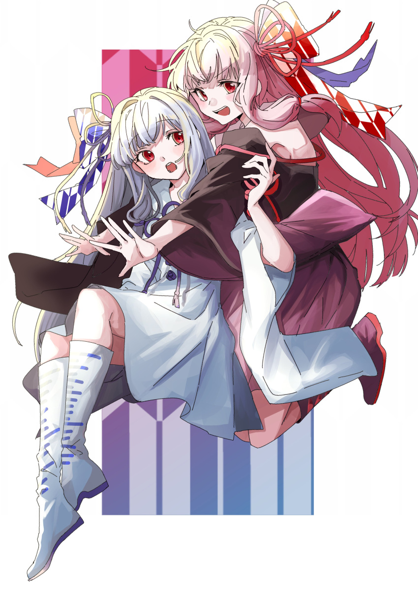2girls absurdres black_dress blue_dress blue_footwear blue_ribbon boots commentary detached_sleeves dress full_body hair_ribbon hand_up highres hug hug_from_behind japanese_clothes knee_boots kotonoha_akane kotonoha_aoi light_blue_hair long_hair looking_at_another looking_back multiple_girls onion_jounouchi open_mouth outstretched_arms pink_hair red_eyes red_ribbon ribbon siblings sidelocks sisters smile v-shaped_eyebrows voiceroid