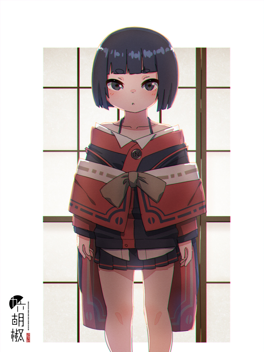 1girl :o bangs bare_shoulders black_hair black_jacket black_skirt capelet collarbone commentary_request cropped_legs eyebrows_visible_through_hair grey_eyes highres jacket kuro_kosyou long_sleeves looking_at_viewer original parted_lips pleated_skirt red_capelet shirt short_eyebrows short_hair skirt sleeves_past_wrists solo standing thick_eyebrows white_shirt zashiki-warashi