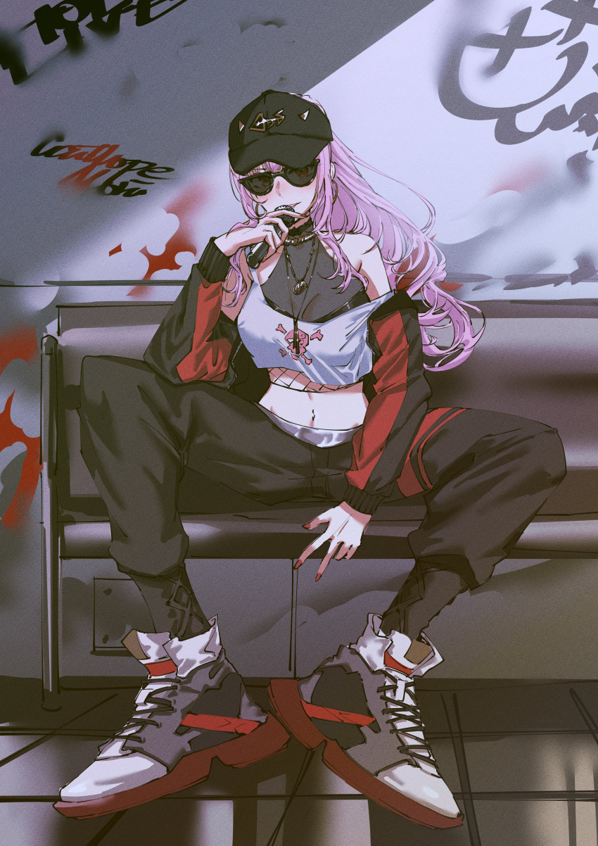 1girl absurdres baseball_cap bench crop_top eyebrows_visible_through_hair eyes_visible_through_hair fishnets hat high_ponytail highres hololive hololive_english jacket jewelry looking_at_viewer microphone midriff mori_calliope navel necklace pants set7 shoes sneakers sunglasses