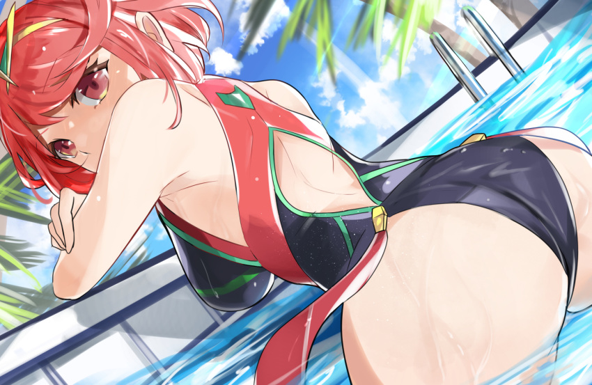 1girl ass bangs bare_shoulders black_swimsuit blush breasts competition_swimsuit covered_navel earrings gem headpiece jewelry large_breasts looking_at_viewer one-piece_swimsuit pyra_(pro_swimmer)_(xenoblade) pyra_(xenoblade) red_eyes redhead short_hair solo swept_bangs swimsuit tiara tomas_(kaosu22) water xenoblade_chronicles_(series) xenoblade_chronicles_2