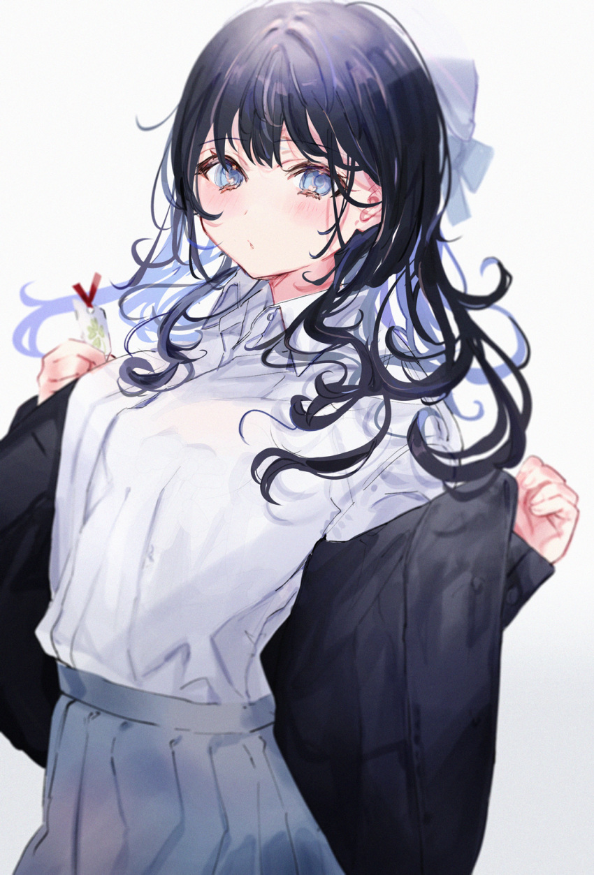 1girl :o black_hair blue_eyes blush bow breasts collared_shirt gradient gradient_background grey_skirt hair_bow highres leaning_back looking_at_viewer medium_breasts original school_uniform shia_job shirt shirt_tucked_in skirt solo white_bow white_shirt