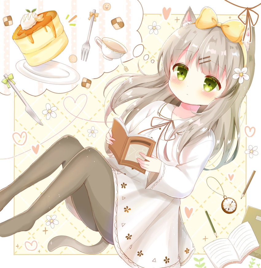 1girl animal_ear_fluff animal_ears book bow cat_ears cat_girl cat_tail clock cookie cup dress food fork green_eyes grey_legwear hair_bow hairband highres holding holding_book imagining knife light_brown_hair long_hair mike_mochi original pantyhose pencil sweets syrup tail teacup white_dress
