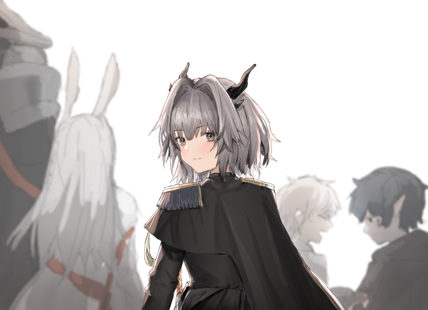 2girls 3boys animal_ears arknights black_cape black_hair blurry blurry_background cape closed_mouth commentary_request dragon_horns epaulettes eyebrows_visible_through_hair faust_(arknights) from_behind frostnova_(arknights) grey_eyes grey_hair highres horns jacket light_blush long_hair looking_back mephisto_(arknights) multiple_boys multiple_girls open_mouth patriot_(arknights) pointy_ears profile rabbit_ears raw_egg_lent short_hair simple_background smile solo_focus talulah_(arknights) upper_body white_background white_hair white_jacket