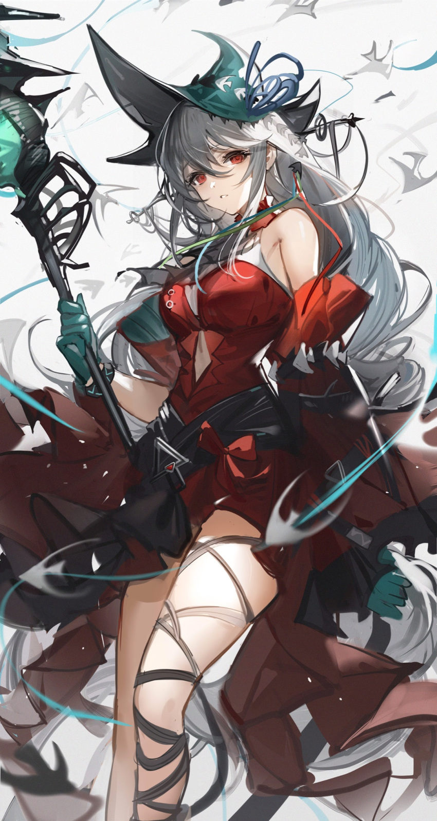 1girl aqua_gloves aqua_headwear arknights bangs bare_legs bare_shoulders breasts detached_sleeves feet_out_of_frame fish gloves hair_between_eyes highres holding holding_staff infection_monitor_(arknights) long_hair long_sleeves looking_at_viewer parted_lips red_eyes sideways_glance silver_hair skadi_(arknights) skadi_the_corrupting_heart_(arknights) small_breasts solo staff symbol_commentary tomato_omurice_melon very_long_hair white_background