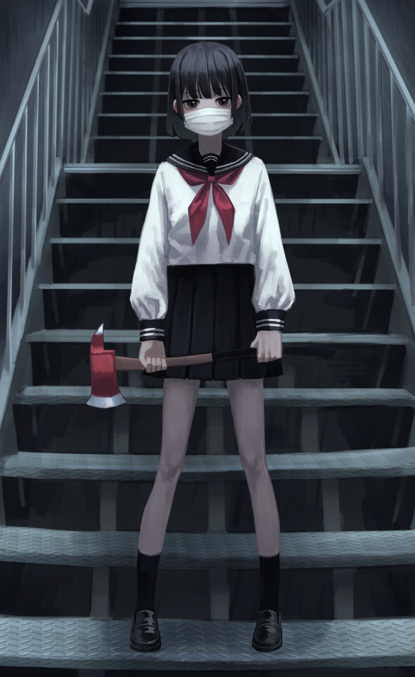1girl absurdres axe black_eyes black_footwear black_hair black_legwear black_skirt blouse covered_face eyebrows_visible_through_hair full_body high-waist_skirt highres holding holding_weapon loafers long_sleeves looking_at_viewer mask miniskirt mouth_mask neckerchief original pleated_skirt red_neckwear sailor_collar school_uniform serafuku shoes short_hair skirt socks solo stairs standing surgical_mask weapon white_blouse yoon_cook