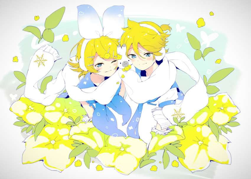1boy 1girl 1other blonde_hair blue_neckwear blush bow bug butterfly cheek_press commentary earmuffs earphones floral_print flower hair_bow hair_ornament hairclip highres insect kagamine_len kagamine_rin leaf looking_at_viewer neckerchief necktie one_eye_closed oversized_flowers oyamada_gamata petunia_(flower) rabbit rabbit_yukine sandwiched scarf shared_earphones shirt short_hair smile snowflake_print vocaloid white_bow white_scarf white_shirt yellow_flower yuki_len yuki_rin