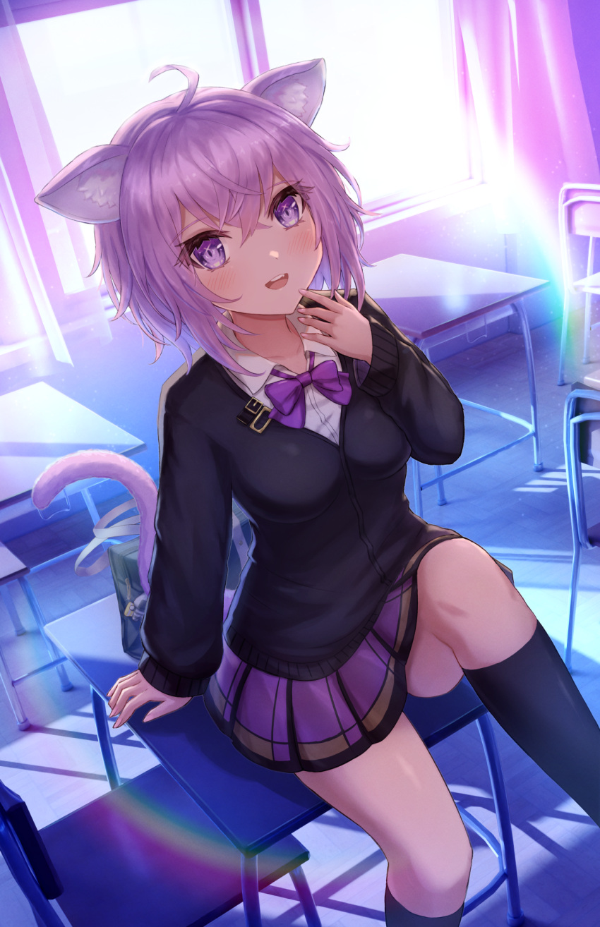 1girl ahoge alternate_costume animal_ears arm_support bag blazer bloom bow bowtie cat_ears cat_tail classroom curtains day desk dutch_angle eyelashes fingernails fingers_to_chin hand_up highres hololive indoors jacket knee_up looking_at_viewer messy_hair nekomata_okayu open_mouth oridays purple_hair purple_skirt school school_bag school_desk school_uniform short_hair skirt solo sunlight tail violet_eyes virtual_youtuber window