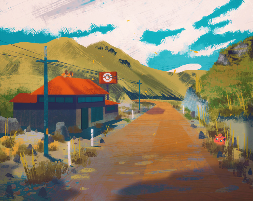 blue_sky building bush cloud cloudy_sky commentary english_commentary gen_1_pokemon grass highres jigglypuff mountain mt._moon no_humans outdoors plant pokemon pokemon_(creature) power_lines road scenery sign signpost simone_mandl sky spearow utility_pole