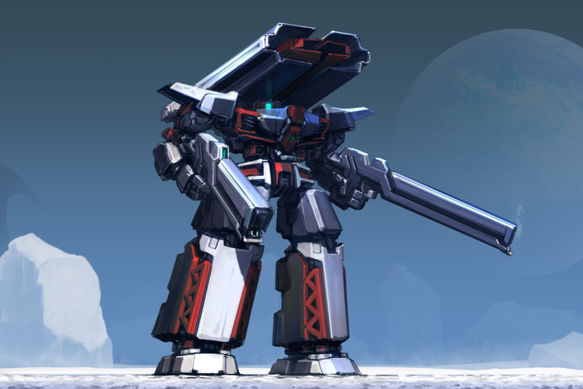 dual_wielding glowing glowing_eye gun highres holding holding_gun holding_weapon ksenolog looking_at_viewer mecha one-eyed original planet science_fiction solo tundra weapon