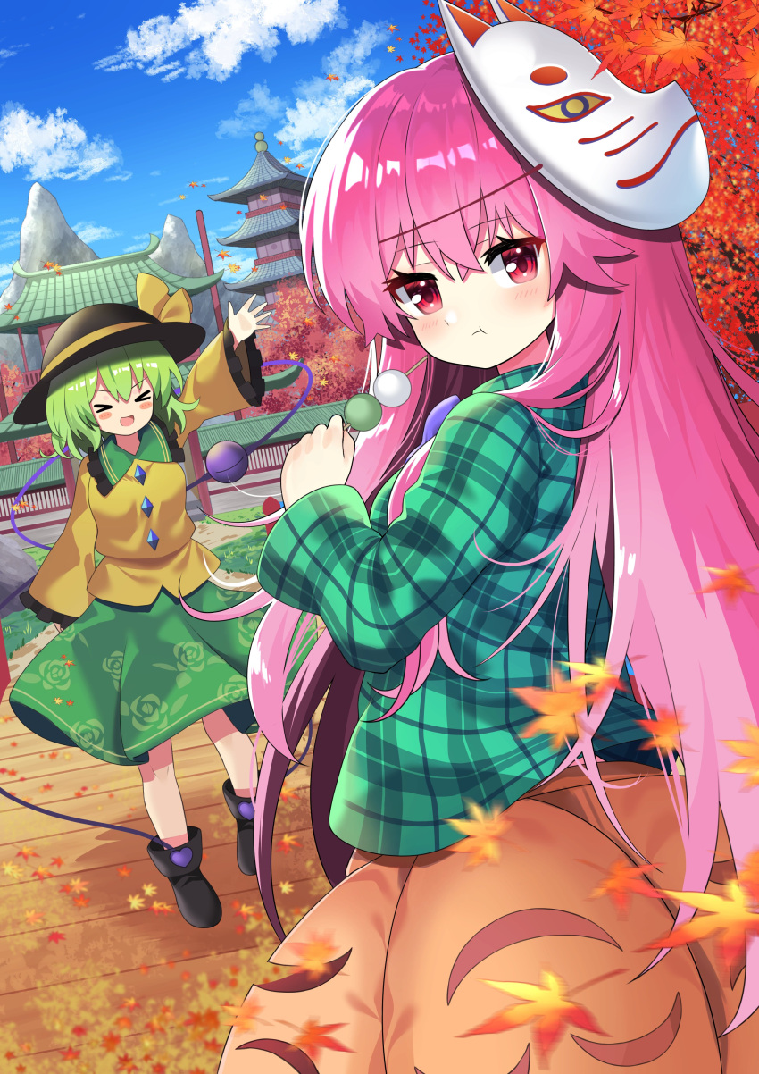 &gt;_&lt; 2girls :d absurdres bangs black_footwear black_headwear blue_sky blurry blurry_foreground bridge bubble_skirt closed_eyes clouds dango eating eyebrows_visible_through_hair falling_leaves floral_print food fox_mask green_hair green_shirt green_skirt hat hat_ribbon hata_no_kokoro heart highres holding holding_food komeiji_koishi leaf long_hair long_sleeves looking_at_viewer looking_back maple_leaf mask mask_on_head mountain multiple_girls open_mouth orange_skirt outdoors pink_hair plaid plaid_shirt purple_neckwear red_eyes ribbon rose_print shirt short_hair shrine skirt sky smile standing third_eye touhou v-shaped_eyebrows wagashi wide_sleeves yellow_ribbon yellow_shirt yuujin_(yuzinn333)