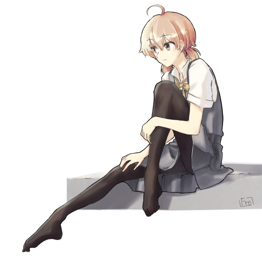 1girl ahoge artist_name black_legwear dress fre_(silent_life) full_body highres knee_up koito_yuu light_brown_hair looking_to_the_side low_twintails no_shoes pantyhose pinafore_dress ribbon school_uniform short_hair short_sleeves short_twintails simple_background sitting solo summer_uniform twintails white_background yagate_kimi_ni_naru yellow_ribbon